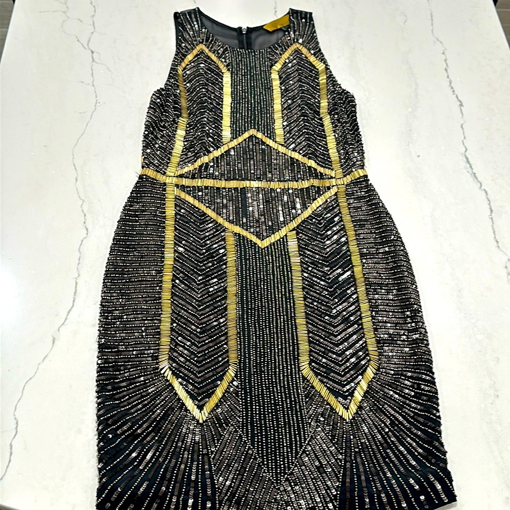 Nicole Miller black and gold beaded and sequins cocktail dress size 2